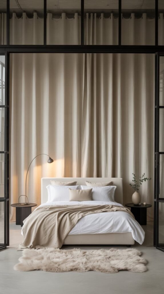 A industrial loft interior with soaring ceilings, featuring a sleek glass-wall with minimal black steel lines. A bedroom retreat, with transparent glass walls that keep the space airy and architectural. Inside the glass sits a low-profile white platform bed dressed in soft neutral bedding in white and subtle beige tones. Ultra-thin black nightstands flank the bed, while a sculptural black arc floor lamp adds elegance. Floor-to-ceiling linen drapery in soft ivory hangs inside the glass walls, offering privacy with sophistication. Below, a plush ivory shag rug softens the stark black-and-white contrast. The design emphasizes sharp, editorial lines with a clean, modern aesthetic — bold black framing against light, neutral textures, photographed in soft natural light with a high-end editorial feel.