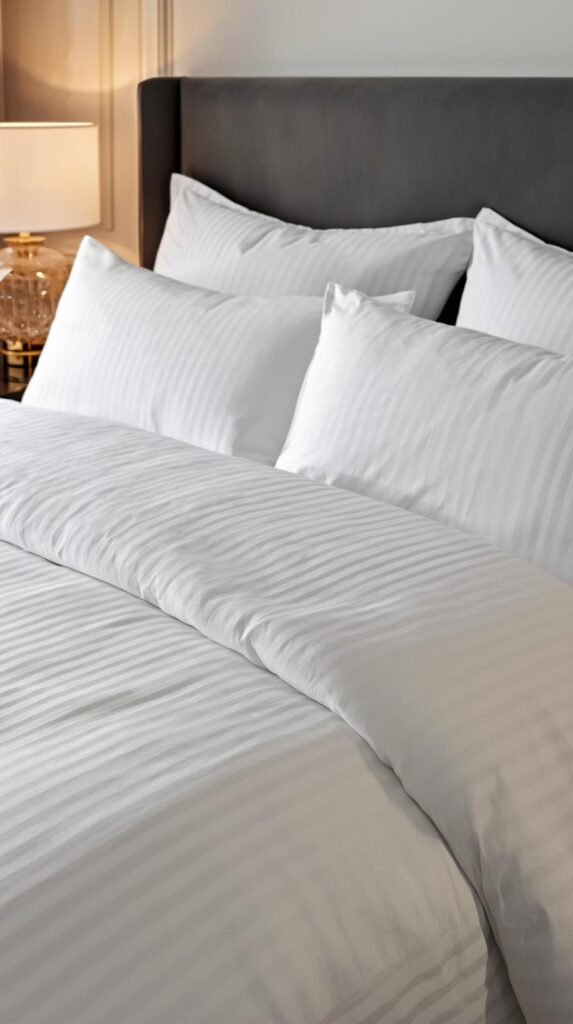 A luxurious, hotel-style bedding setup featuring crisp white duvet covers and pillowcases with subtle vertical stripe patterns. The bed is styled with perfectly fluffed pillows against a sleek, padded dark headboard for a modern contrast. Soft lighting from a bedside lamp with a glass and gold base casts a warm glow, highlighting the smooth, high-thread-count texture of the linens. 