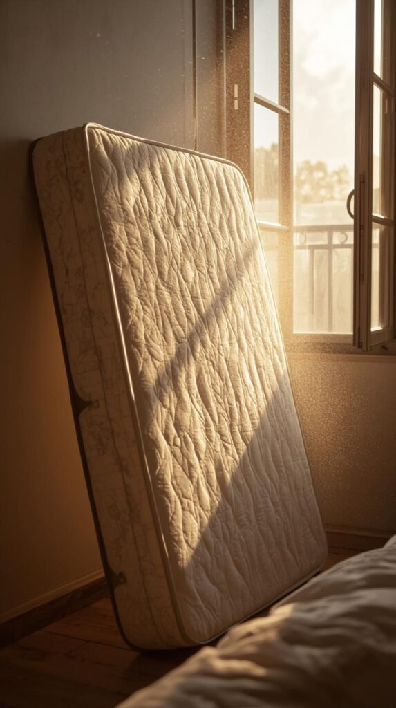 A mattress propped upright near an open window with sunlight pouring in, showing airflow and natural drying.