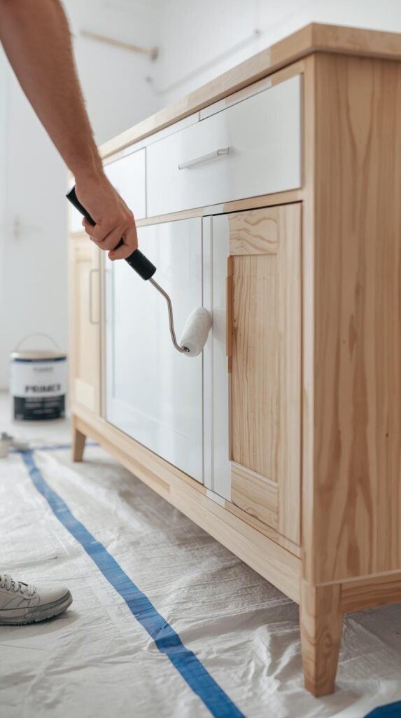 A mid-shot of a person applying white primer on a wooden cabinet using a foam roller. Half the furniture is primed, half still raw wood. Drop cloth underneath, painter’s tape on edges, primer can in the background. Clean, modern setting with balanced lighting.