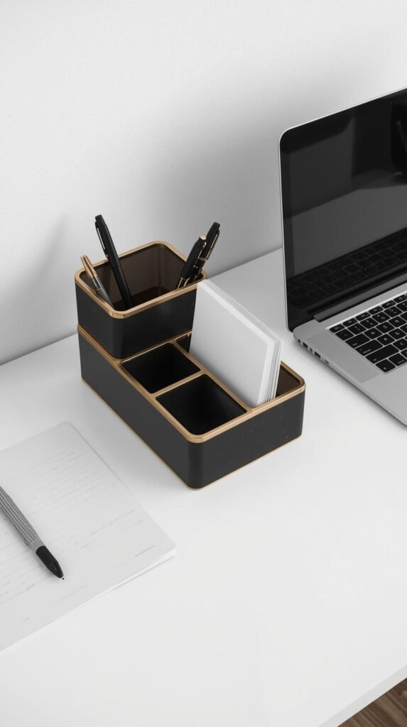 A minimal black-and-gold metal desk organizer with compartments for pens and paper.