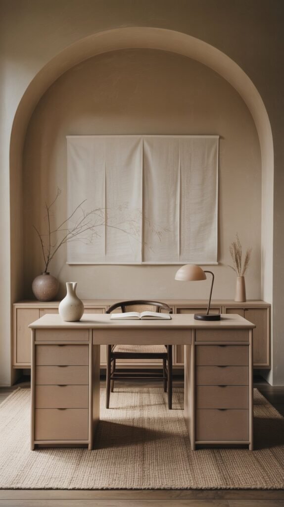 A minimalist Japandi-inspired home office designed in calming monochrome sand and oat tones, emphasizing function and serenity. A sand-lacquer desk with flush drawers creates a sleek, clutter-free work surface, paired with a matching credenza featuring push-latch doors that discreetly hide files and supplies. Above the desk, rice paper wall art introduces a subtle organic pattern, adding quiet visual interest without distraction. An oatmeal wool loop-pile rug grounds the space with warmth and texture underfoot. A bone-colored task lamp sits on the desk, blending seamlessly into the tonal scheme, while a sculptural ceramic carafe rests nearby, adding a sense of mindfulness and ritual. The plaster-toned walls and soft filtered light complete the cohesive palette. The overall atmosphere is calm, balanced, and clutter-free—layered neutrals proving that minimalism can still feel rich and intentional.