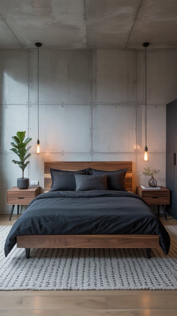 A modern industrial chic bedroom with a minimalist aesthetic front on.