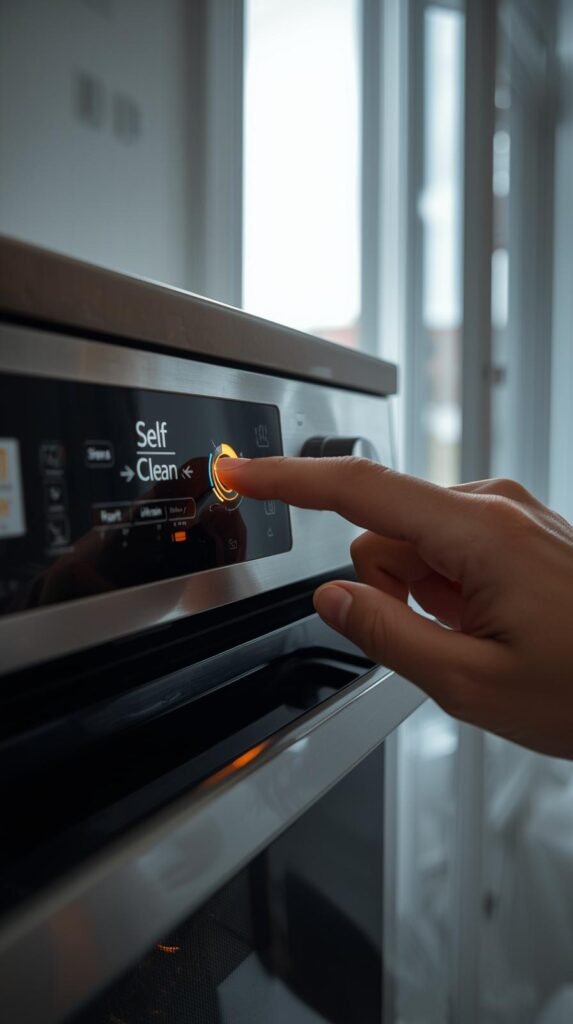 A modern oven display panel with the “Self Clean” option highlighted. The person’s hand is pressing the button, and a nearby window is slightly open for ventilation. The atmosphere looks bright, safe, and calm—not smoky or messy.