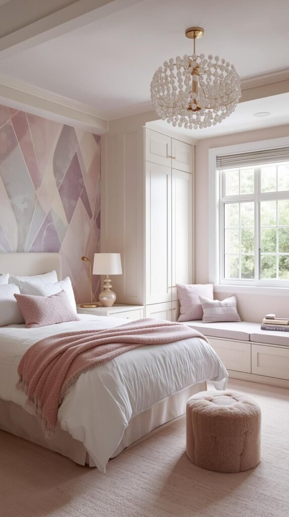 A modern pastel bedroom with a soft, feminine aesthetic. The room features a blush pink and lavender color palette with a geometric accent wall in muted tones of pink, lavender, mint, and cream. A cozy bed with white bedding, blush pink throw blanket, and matching accent pillow sits beside a nightstand with a beige lamp. Built-in cabinetry and a window seat with soft cushions provide stylish storage and reading space. A sleek desk with gold accents, books, and a modern lamp adds function and elegance. A round, pearl-like chandelier hangs overhead, casting a warm glow. The decor is balanced with gold handles, cozy textures like a fluffy stool, and natural light pouring in from a large window. The overall vibe is chic, calm, and perfect for a teen or young adult’s Pinterest-worthy bedroom.