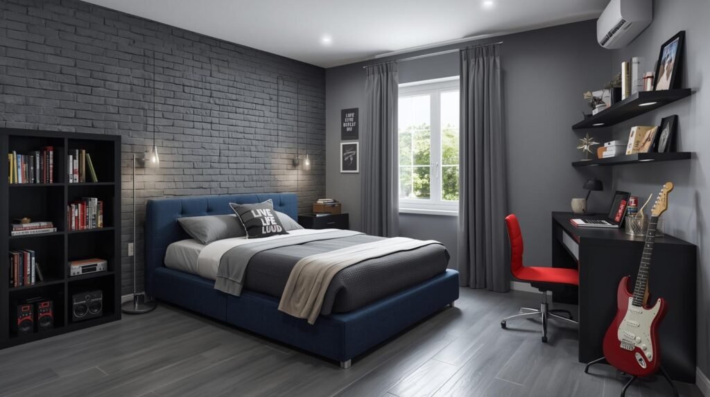 A modern teen boy’s bedroom with a bold, music-inspired design. The room features a gray brick accent wall behind a bed with a striking red upholstered headboard and gray bedding. A decorative pillow reads ‘Live Life Loud,’ setting the rock-inspired theme. Large windows with gray curtains bring in natural light, illuminating the room’s sleek gray floors. A black bookcase holds books, music gear, and décor, while wall-mounted shelves display mini guitars, albums, and motivational signs. Two guitars rest near the window beside a compact desk with industrial-style touches. The overall color palette blends gray, black, white, and red, creating an edgy yet sophisticated vibe. Perfect for a teen who loves music, modern style, and expressive décor.