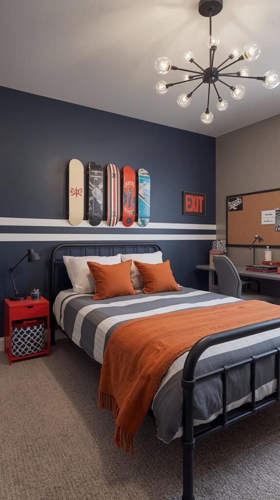 A modern teen boy’s bedroom with an industrial and sporty vibe. The room features dark navy blue walls with a white horizontal stripe accent and a warm gray carpet. The metal bed frame has a matte black finish and is dressed with striped gray and white bedding accented by burnt orange pillows and a matching throw blanket. Above the bed, a series of colorful skateboard decks are mounted as wall art, adding a cool, youthful touch. A red metal nightstand with a patterned storage bin and a table lamp sits beside the bed. On one wall, there’s a workspace with a corkboard and a gray desk chair, while a retro red 'EXIT' sign adds a pop of vintage flair. The lighting fixture is a bold, modern sputnik chandelier that gives the space a contemporary edge. The overall atmosphere is stylish, functional, and perfect for a skater or sporty teen.