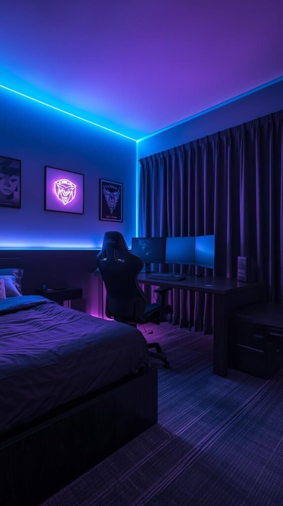 A modern teen gamer bedroom with a futuristic neon glow. The room is dimly lit with moody blue and purple LED lighting that highlights the edges of the bed frame and gaming desk setup. A sleek black gaming chair sits at a dark wood desk featuring dual monitors, a keyboard, and a glowing neon sign on the wall that adds a personalized touch. The walls are minimal, decorated with framed posters and mood lighting. The striped gray carpet and blackout curtains add a cozy yet high-tech feel, while the ambient lighting creates a perfect immersive atmosphere for gaming or streaming. The overall style is cool, modern, and tailored for a tech-loving teen or young adult.