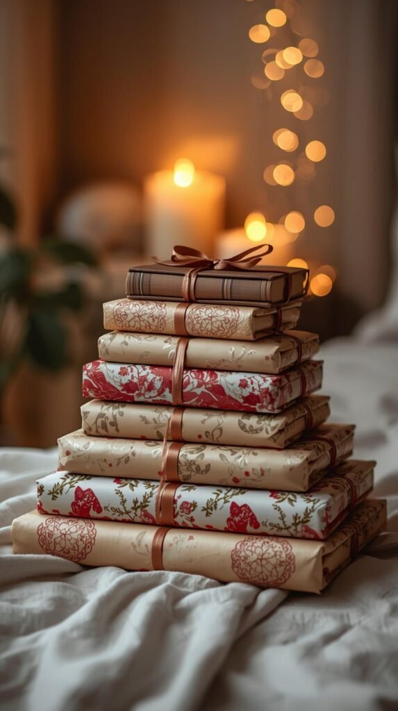 A neatly stacked pile of wrapped gifts and a book on top, tied with a ribbon.