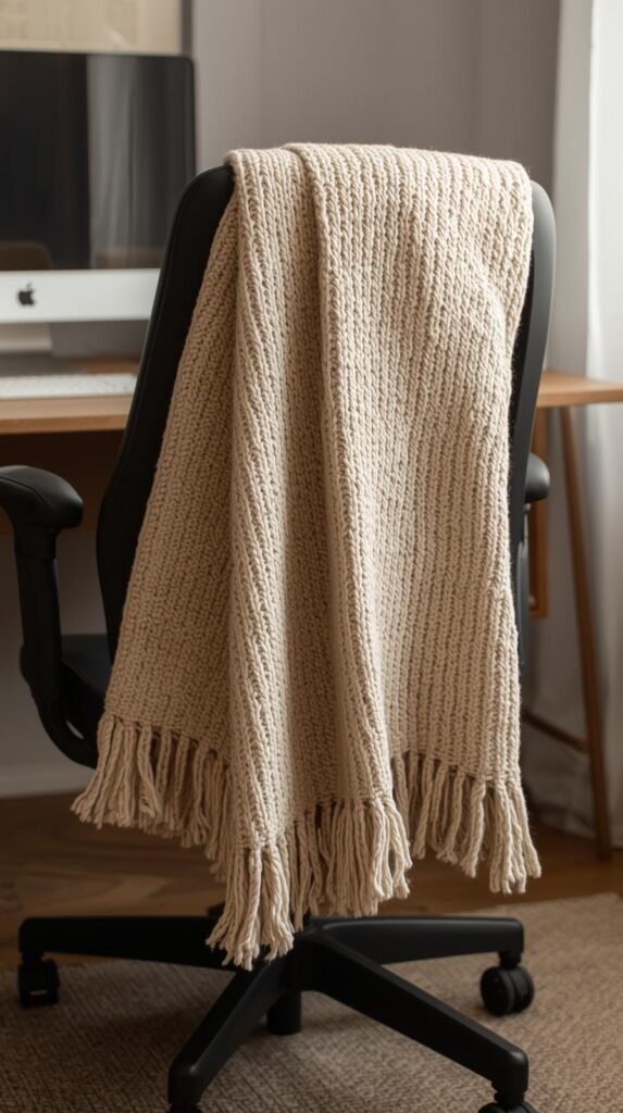A neutral knit throw blanket draped over an office chair beside a desk, soft lighting and calm work-from-home vibe.