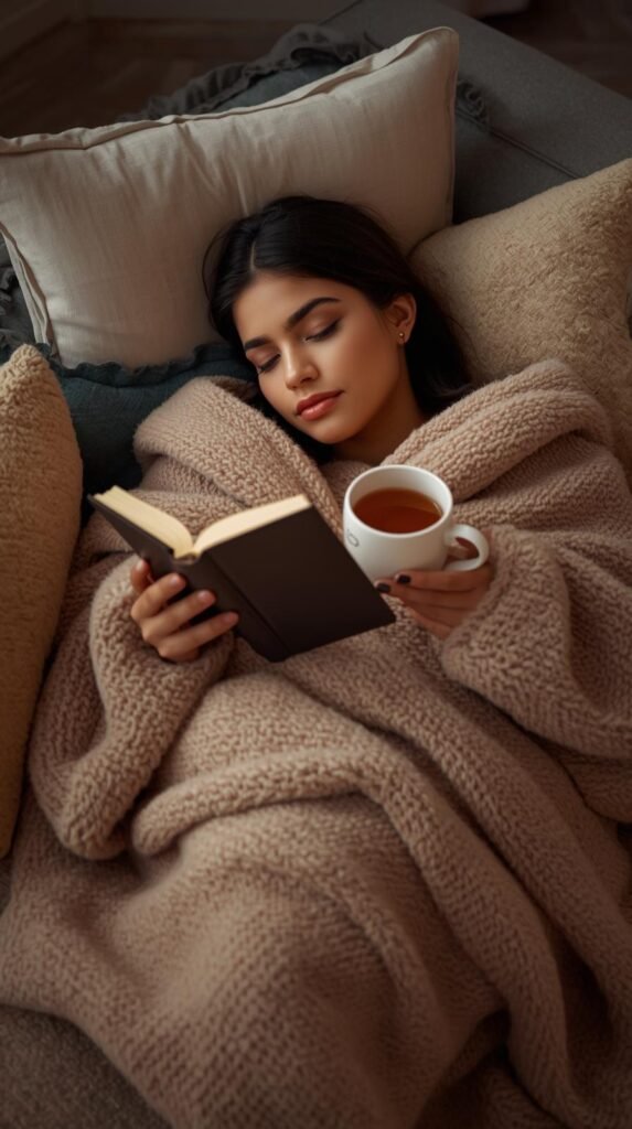 A person curled up in a blanket with sleeves, holding a book and a cup of tea on a couch. Add plush pillows and a softly lit room for warmth and comfort.