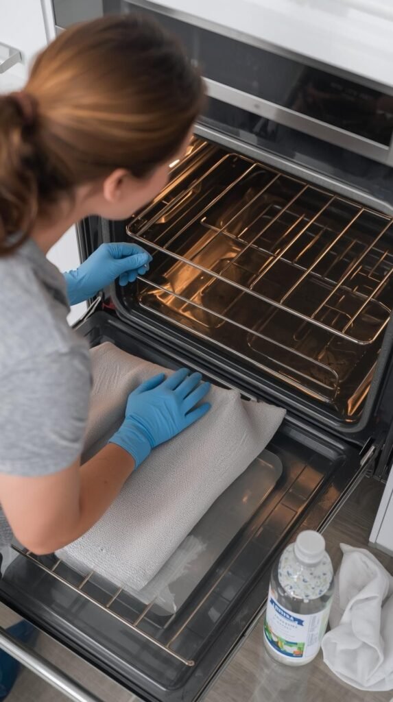 A person wearing cleaning gloves removing oven racks from a stainless-steel oven. A towel or parchment paper is laid under the open oven door to protect the floor.