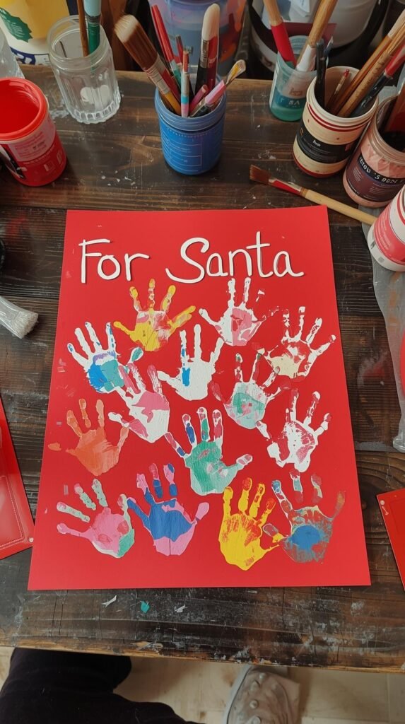 A red cardstock Santa handprint craft on a table with paint pots, brushes, and kids’ hands visible.