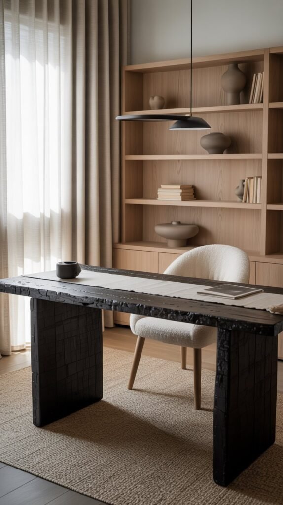 A refined Japandi-inspired home office that balances drama with calm. The focal point is a striking shou sugi ban desk, its charred black wood surface matte and textured, exuding strength and architectural presence. Paired with it is a cream bouclé chair, offering a soft, tactile counterpoint. A light linen runner stretches across the desk, subtly lightening the surface with gentle texture. Behind, a light oak bookshelf is styled with negative space and a few carefully chosen objects—neutral-toned books and sculptural clay vessels—to keep the arrangement airy and uncluttered. A minimal black pendant light hangs above, echoing the desk’s bold lines without overwhelming the space. The palette of pale neutrals, charred wood, and natural textures creates a Japandi workspace that feels both grounded and refined, with an emphasis on balance and contrast.
