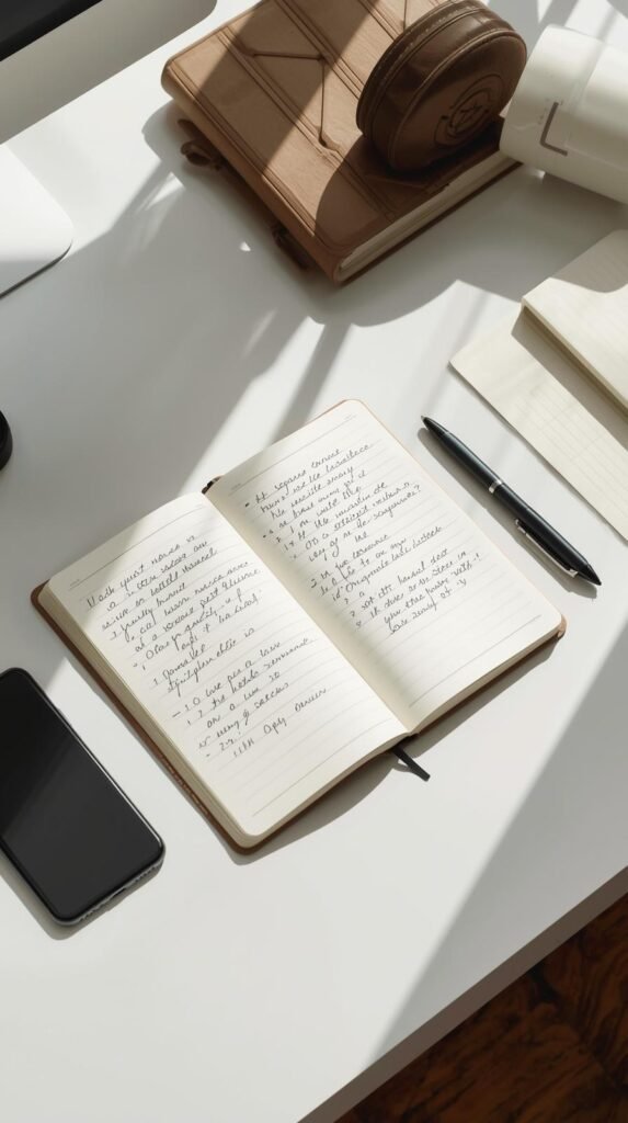 A reusable notebook open beside a smartphone and pen, showcasing handwritten notes being scanned or uploaded, modern workspace vibe.