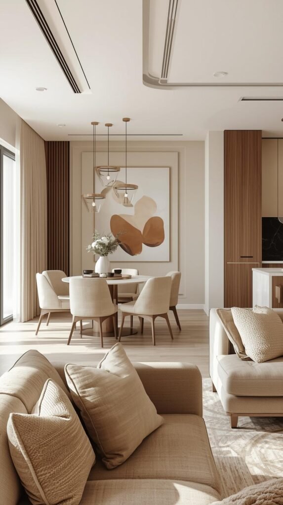 A seamless transition between kitchen, dining, and living areas using a consistent color scheme. 