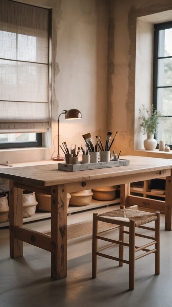 A serene Japandi-inspired creative studio designed with a Wabi-Sabi philosophy, embracing imperfection and natural textures. The focal point is a chunky elm wood worktable with exposed joinery and visible knots, showcasing authenticity and strength. A simple rush-seat stool rests nearby, lightweight and easy to tuck away, keeping the space flexible. Along the wall, seagrass baskets offer natural storage while adding organic texture. A low stone tray sits on the table, grounding brushes and tools in rotation. The plaster wall itself is uneven and tactile, becoming a living design element, complemented by a soft linen Roman shade filtering gentle natural light. A bronze swing-arm lamp adds a warm metallic accent, providing directional task lighting. The overall mood is imperfect yet intentional, blending handmade details, muted earthy tones, and organic materials to foster a soulful, artistic workspace.