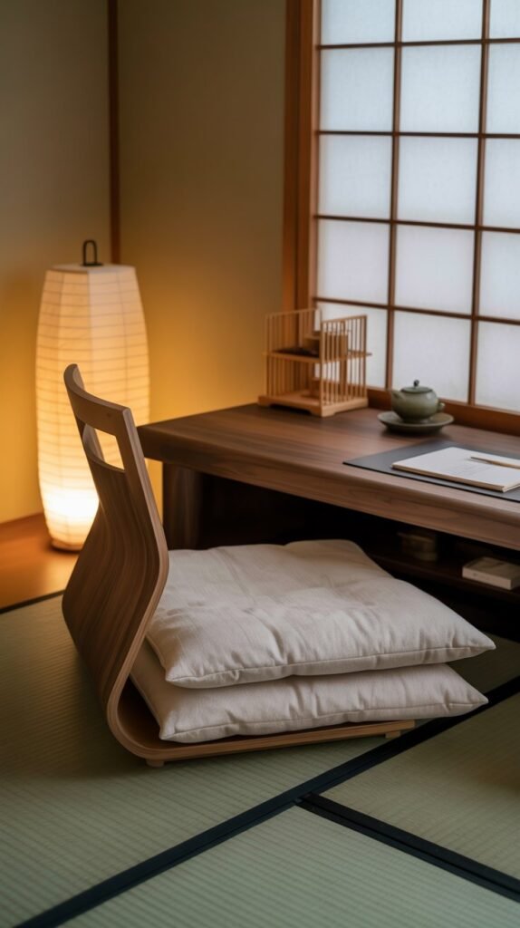 A serene Japandi-inspired workspace designed around traditional Japanese floor seating, creating a grounded and mindful atmosphere. At the center sits a low walnut writing table, compact yet sturdy, ideal for journaling, sketching, or laptop work. The floor is defined by modular tatami mats, adding warmth and organic texture. A zaisu floor chair with no legs but full back support sits at the table, paired with layered cotton zabuton cushions for added comfort. A bamboo desk organizer keeps essentials neatly arranged, while a ceramic tea set rests nearby, inviting daily ritual and mindfulness. Soft lighting is provided by a rice paper floor lamp, pooling a warm glow across the space. A shoji screen divider frames the area, allowing flexibility while maintaining flow. The palette is calm and natural—walnut wood, muted neutrals, and tactile textures—blending Japanese tradition with Japandi minimalism to create a workspace that doubles as a calming retreat.