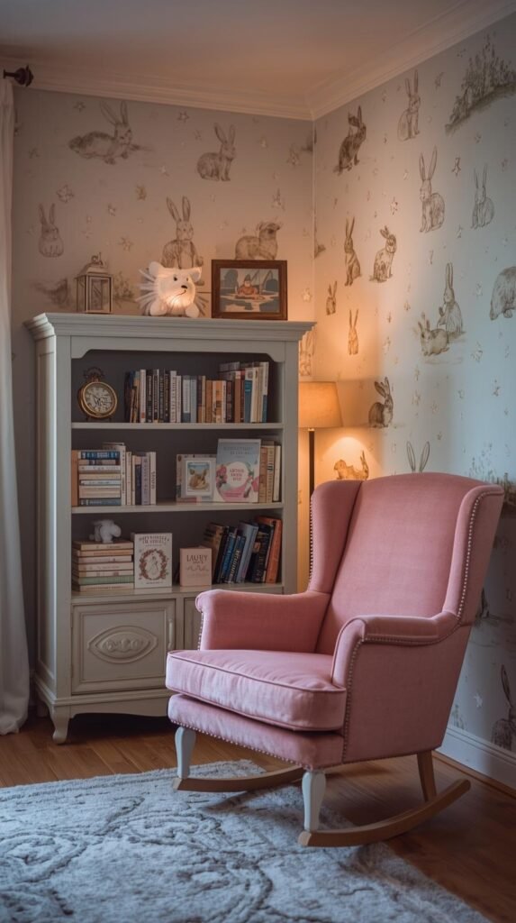 A soft, pastel nursery with vintage bookshelf, illustrated wallpaper with bunnies and stars, velvet rocking chair, and gentle ambient lighting for a dreamy, storybook feel.