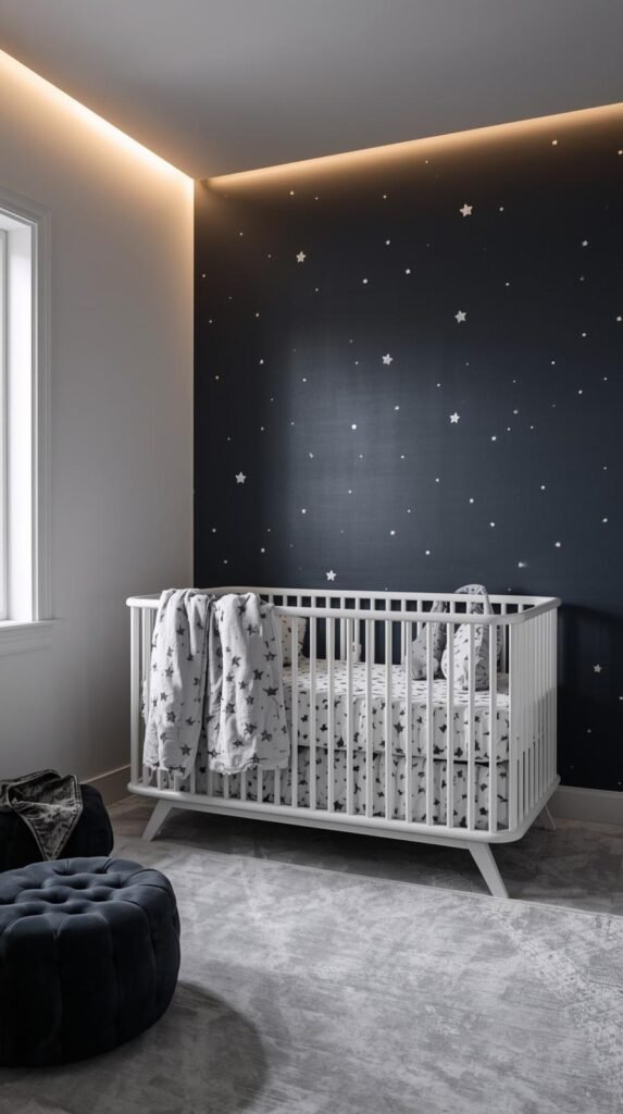 A space-themed nursery with navy accent wall, silver lighting, star-patterned bedding, and moon decor; clean and modern with cozy cotton and velvet textures.