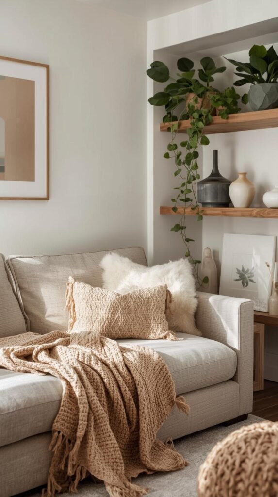 A styled living room corner featuring a linen sofa, throw blankets, ceramic vases, framed wall art, and plants on open shelving. Combination of soft fabrics, natural textures, and personal decor accents that create warmth and depth.