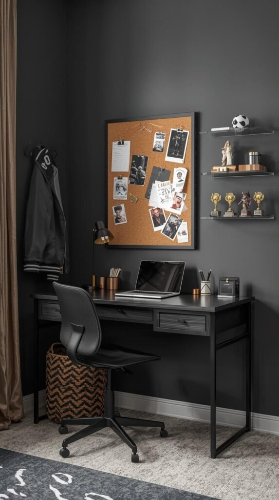 A stylish and masculine teen boy’s study corner with a dark, modern aesthetic. The workspace features a charcoal gray wall and a sleek matching desk with minimal decor. A laptop sits centered on the desk, surrounded by a few gold-accented accessories like a pencil cup and a small drawer organizer. Above the desk, a large corkboard displays photos, notes, and mementos, giving the area a personalized feel. To the right, clear floating shelves showcase sports trophies and collectible figures, adding personality and pride. A woven basket with a bold black-and-natural zigzag pattern sits under the desk for storage. On the left wall, a varsity jacket hangs on hooks beside a beige curtain. The overall look is organized, athletic, and mature—perfect for a high school or college student who values both function and style.