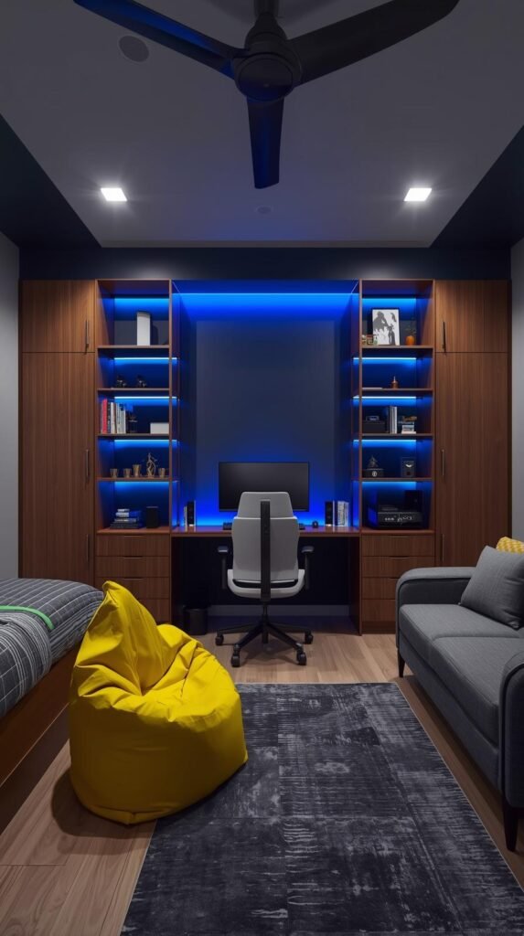 A stylish teen boy’s bedroom with a sophisticated, modern design featuring a deep navy blue accent wall contrasted with warm wooden built-in cabinetry and shelves. A sleek workstation sits at the center, complete with a computer setup, gaming monitor, and LED blue backlighting that adds a futuristic vibe. The workspace is framed by tall storage cabinets and floating shelves displaying books, trophies, and decor. The bed, positioned to the left, has gray and green bedding that complements the room’s cozy yet masculine palette. A yellow bean bag adds a pop of color near a gray lounge sofa on the right, creating a relaxed study or hangout area. The lighting is soft and balanced, with recessed ceiling lights and a modern ceiling fan fixture. The overall aesthetic is organized, moody, and functional—perfect for a teen who loves gaming, studying, and stylish comfort.