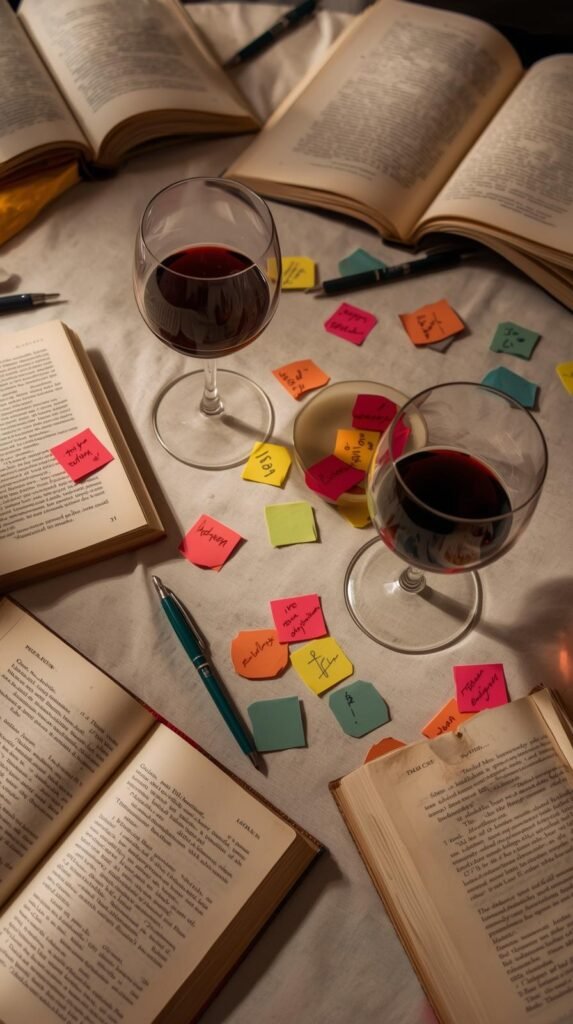 A table setup for book club night: open books, glasses of wine, sticky notes and pens.