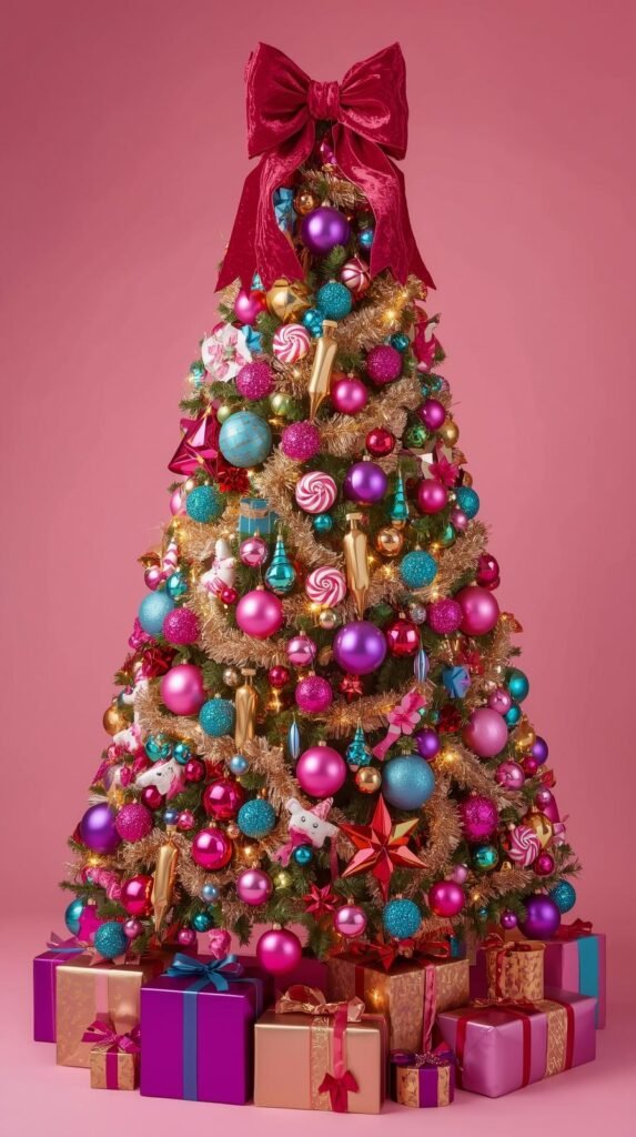 A tall Christmas tree decorated with pink, red, gold, and green ornaments.