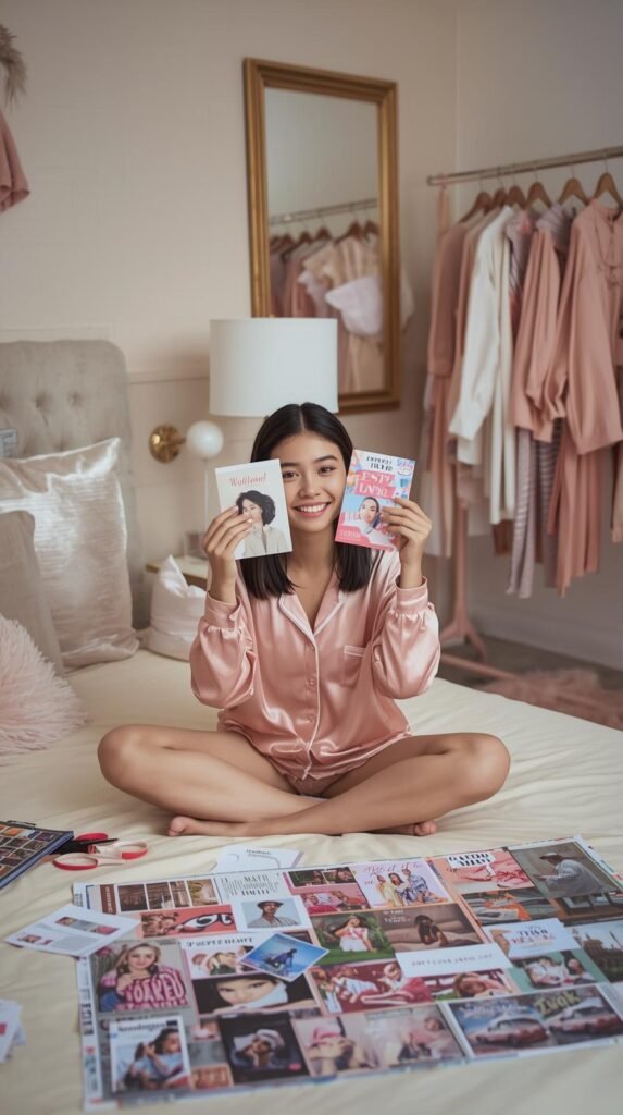 A cozy, feminine lifestyle scene of a woman creating a vision board in a chic bedroom. The room features soft pastel tones — blush pink, cream, and gold accents. The woman is sitting cross-legged on a neatly made bed with pink silk pajamas, surrounded by cutouts, scissors, magazines, and printed photos. She holds several aesthetic images in front of her face while arranging them on a colorful collage-style vision board that includes inspirational quotes and lifestyle images. Behind her, a gold-framed mirror, a lamp with a white shade, and a clothing rack filled with pink and neutral-toned outfits add a touch of glam. The lighting is bright and natural, emphasizing a stylish, creative, and motivational atmosphere — perfect for a Pinterest-worthy “vision board” or “goal-setting” pin.”