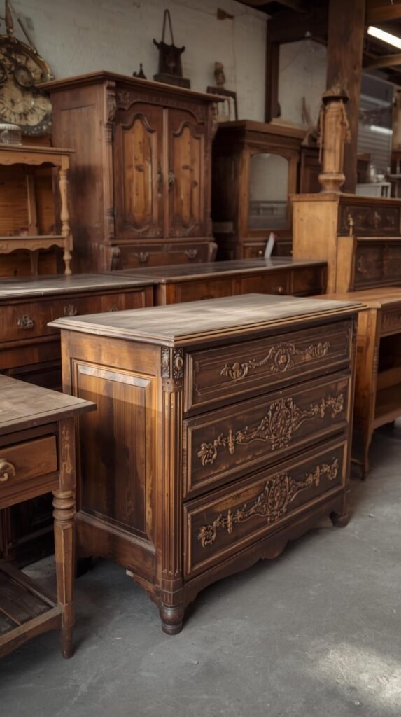 A thrift store or flea market setting with old wooden furniture lined up — dressers, side tables, and cabinets. One piece is circled or pulled aside, clean and ready for refinishing. Natural daylight, slightly rustic environment. Capture the ‘before’ moment before a furniture flip.