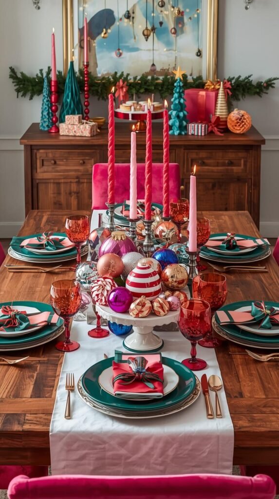A vibrant and modern Christmas dining table styled with a mix of festive colors and playful details. 