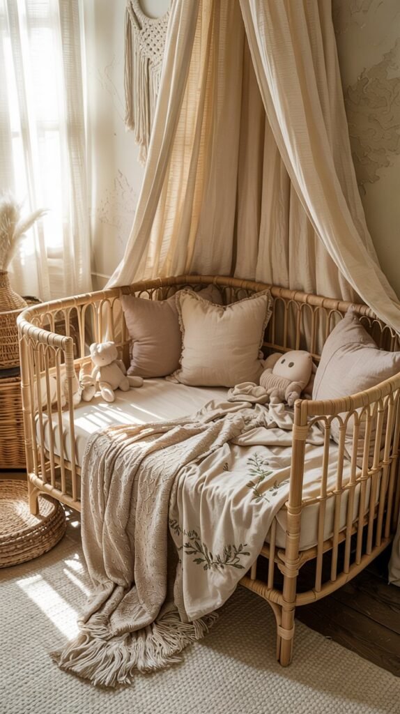 A warm, airy boho nursery featuring a rattan crib, macramé wall hanging, woven baskets, linen bedding in sage and beige, and soft sunlight filtering through sheer curtains.