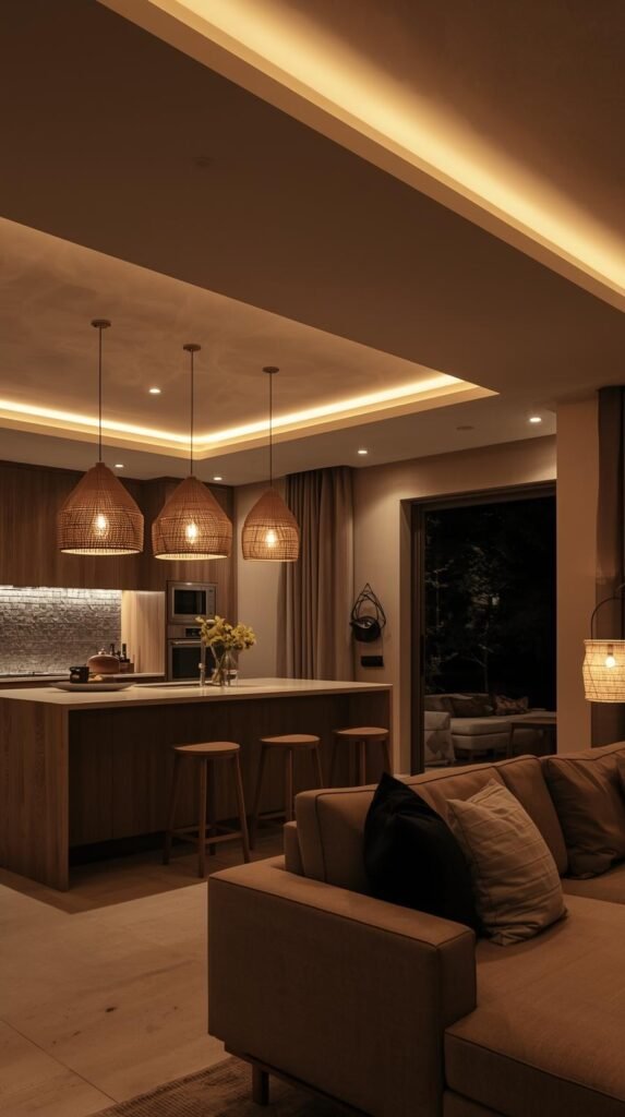 A warm, modern open concept living area with layered lighting: rattan pendants above the island, recessed lights in the ceiling, and a soft-glow floor lamp near the sofa. 