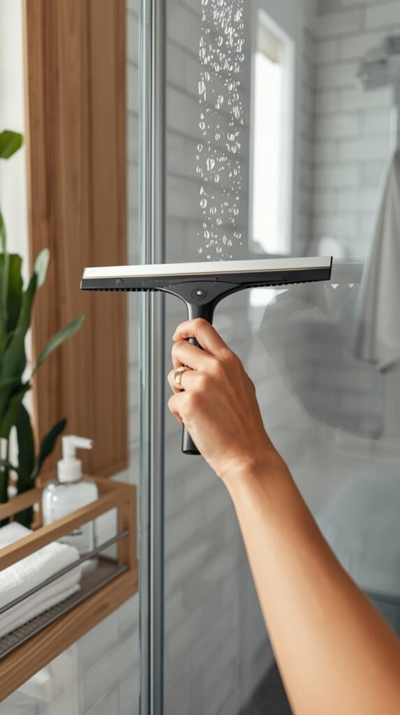 A woman’s hand using a sleek squeegee on a spotless glass shower door, water droplets gliding down. Next to the glass, a small caddy with a spray bottle, microfiber towel, and folded cleaning cloths. The bathroom feels modern and serene — light wood tones, white tile, and greenery for a spa-like atmosphere.
Mood: Routine and calm — easy upkeep, not heavy cleaning.
Vibe: “Everyday maintenance with style.