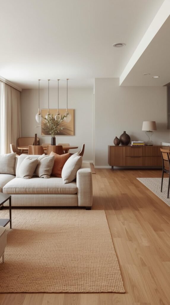 An open floor plan showcasing clear zones. A jute rug under a neutral sectional defines the living area, pendant lights mark the dining space, and a console table divides the layout.