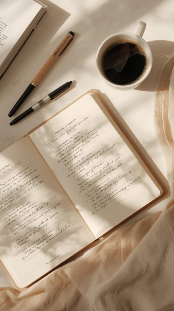 An open reading journal with handwritten book lists, pens, and a cup of coffee nearby. 