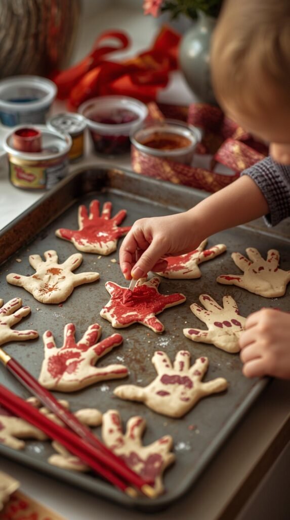 A baking tray with freshly made salt dough handprint ornaments drying beside paintbrushes, paint pots, and ribbon. Child’s hands visible painting one ornament red. Cozy kitchen vibe