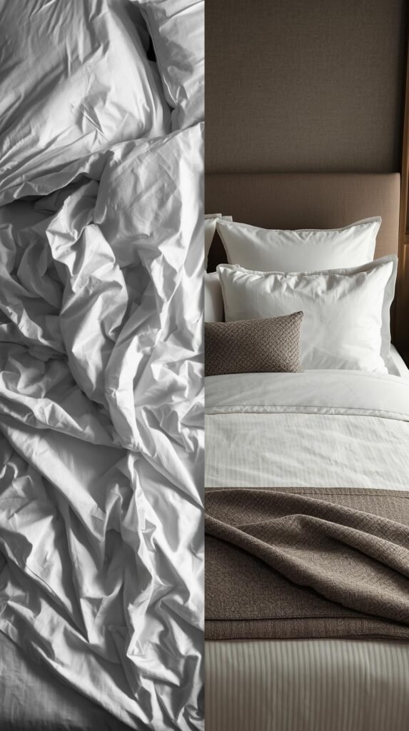 Before and after of a bed: one side messy with wrinkled sheets and uneven pillows, the other side perfectly styled with crisp linens.