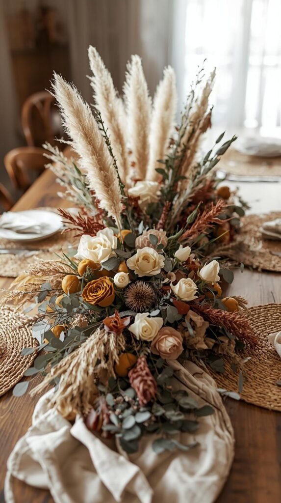 Boho-inspired fall table centerpiece made from a mix of dried and preserved florals arranged along the center of a wooden dining table. The arrangement features pampas grass, white roses, thistles, eucalyptus, and earthy-toned blooms in shades of mustard, rust, cream, and muted lavender. The soft, airy textures of the dried grasses create a natural, organic look. Round woven placemats surround the display, adding warmth and texture to the setting. Natural daylight filters through sheer curtains, giving the scene a cozy, elegant, and modern bohemian aesthetic. High-resolution lifestyle photography.”