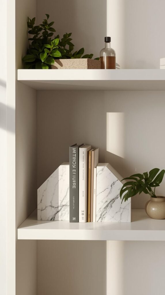 Modern bookshelf styled with geometric marble bookends holding neatly arranged books. 