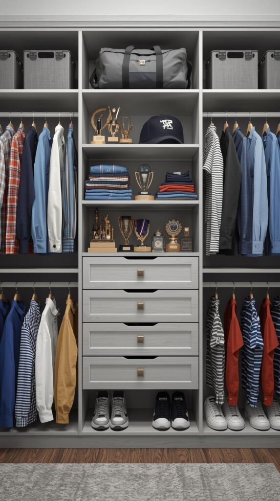 A neatly organized modern boy’s closet with built-in shelving and drawers in a light gray wood finish. The closet features hanging rods on both sides, displaying neatly arranged shirts in a mix of solid colors, stripes, and plaids. The upper shelves hold folded jeans, khakis, and storage bins, while the topmost shelf stores items like a duffel bag, guitar, and baseball cap. The central section includes four drawers, open shelving with folded clothes, and a small display area with personal items such as sports trophies, medals, and collectible figures. A row of neatly lined-up sneakers sits on the lower shelf. The overall design is functional, stylish, and perfect for a teen or preteen boy’s room—combining practicality with a clean, modern aesthetic.