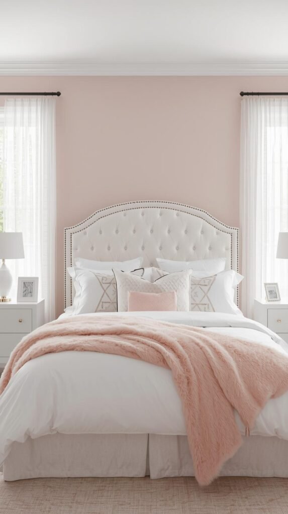 Bright and airy modern bedroom with a soft feminine aesthetic. The room features a pale blush pink accent wall paired with crisp white trim and decor. A white upholstered headboard with geometric detailing anchors the bed, dressed in white bedding accented with textured blush and navy striped pillows, plus a blush pink throw blanket casually draped at the foot. Natural light pours in through large windows with sheer white curtains, creating a serene and inviting atmosphere. Minimalist white nightstands with matching table lamps and small framed photos complete the clean, sophisticated look. The overall vibe is calm, modern, and effortlessly chic — perfect for a Pinterest-worthy bedroom inspiration image.