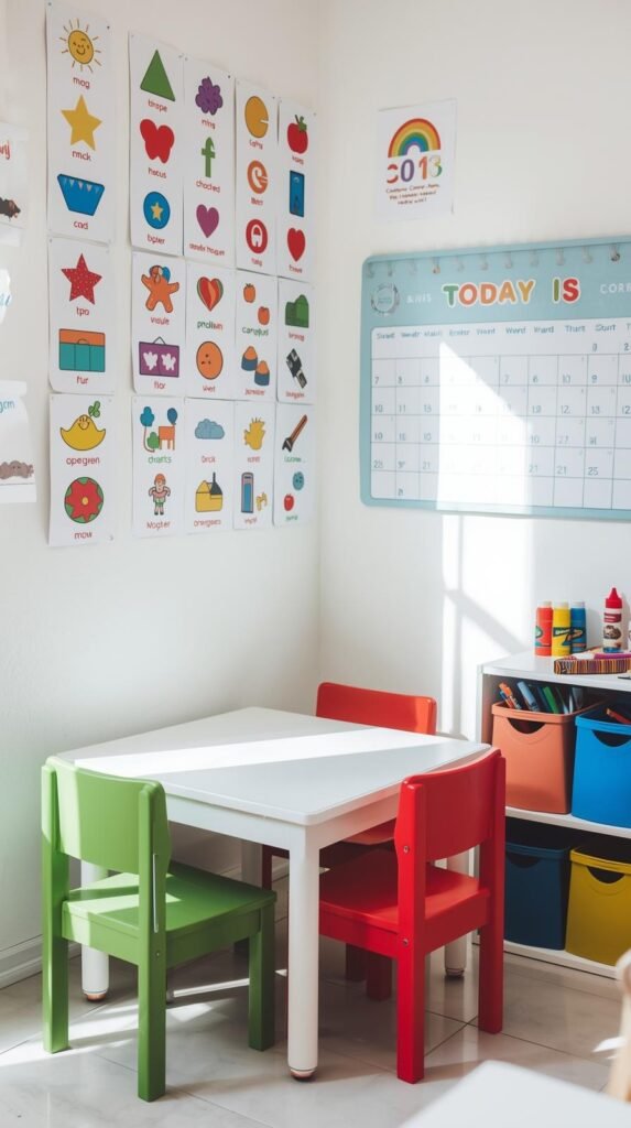 Bright and cheerful toddler learning corner designed for early childhood education at home. The setup features a small white table with colorful toddler chairs in green, red, and blue, perfect for little learners. The walls are covered with vibrant educational posters teaching shapes, colors, numbers, the alphabet, body parts, and days of the week. A pastel blue ‘Today Is’ calendar helps with daily learning, while a shelf holds art supplies such as paint bottles, crayons, and brushes organized neatly in rainbow containers. The corner is cozy and inviting, with soft natural light, tile flooring, and a playful, uplifting vibe ideal for preschool learning and creativity