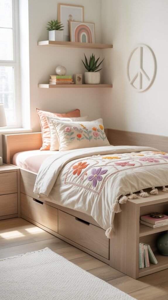 Bright and cozy modern teen bedroom with a Scandinavian-inspired design. A light ash wood corner bed with built-in drawers and open bookshelf storage below is styled with a white comforter featuring colorful embroidered floral patterns in pink, purple, and orange, accented by tasseled corners. The wall above features minimalist floating shelves with small plants, books, and pastel rainbow artwork, creating a cheerful and creative vibe. A white peace sign wall decor adds a retro touch. The space is softly lit with natural light, featuring light wood flooring and a textured ivory rug for warmth and balance.