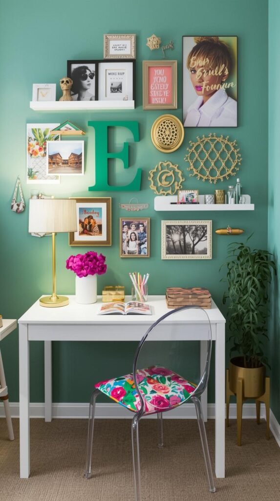 Bright and creative home office or teen study nook with an eclectic gallery wall. The wall is filled with colorful framed art, photos, inspirational quotes, and unique decor pieces including a large green letter ‘E,’ gold lattice frames, and a mini shelf displaying small collectibles and figurines. Below, a sleek white desk holds a gold lamp, vibrant purple flowers in a white vase, and colorful pens in cups. A clear acrylic chair with a bold floral cushion adds a pop of color and modern flair. To the side, a small wooden plant stand holds a trailing green plant. The space exudes personality and charm with its mix of green, gold, pink, and floral tones — perfect for a Pinterest-worthy creative workspace or home office inspiration.