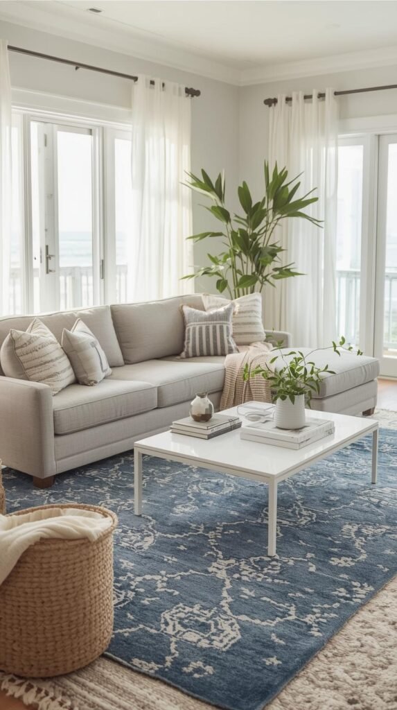 Bright coastal living room with an airy, sunlit feel. The space features a soft gray sectional sofa adorned with neutral and striped pillows, a white and gold minimalist coffee table, and a blue patterned rug with geometric designs as the focal point. White sheer curtains filter natural light through tall windows, enhancing the serene, beachy ambiance. A large potted plant adds a touch of greenery beside the sofa, while layered textures like woven baskets, throws, and soft rugs create a cozy yet refined atmosphere. The overall aesthetic is fresh, modern, and coastal chic with Scandinavian undertones.