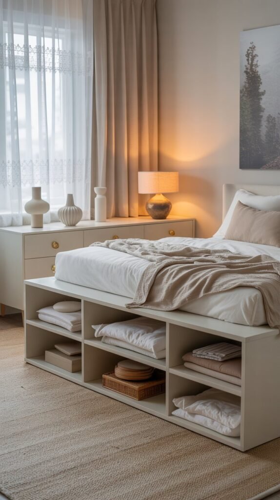 Bright, modern multifunctional bedroom with a space-saving white storage bed. The bed features built-in drawers and open shelving for smart organization, neatly filled with folded linens, clothes, and decorative boxes. Soft neutral tones—white, beige, and light taupe—dominate the space, accented with golden mustard and warm gray bedding for a cozy touch. A minimalist dresser with brass knobs sits beside the bed, topped with sculptural vases and a textured table lamp. Sheer lace curtains filter natural light, casting a soft, airy glow across the room. Wall art above the bed adds a nature-inspired touch, enhancing the serene, Scandinavian-inspired atmosphere.