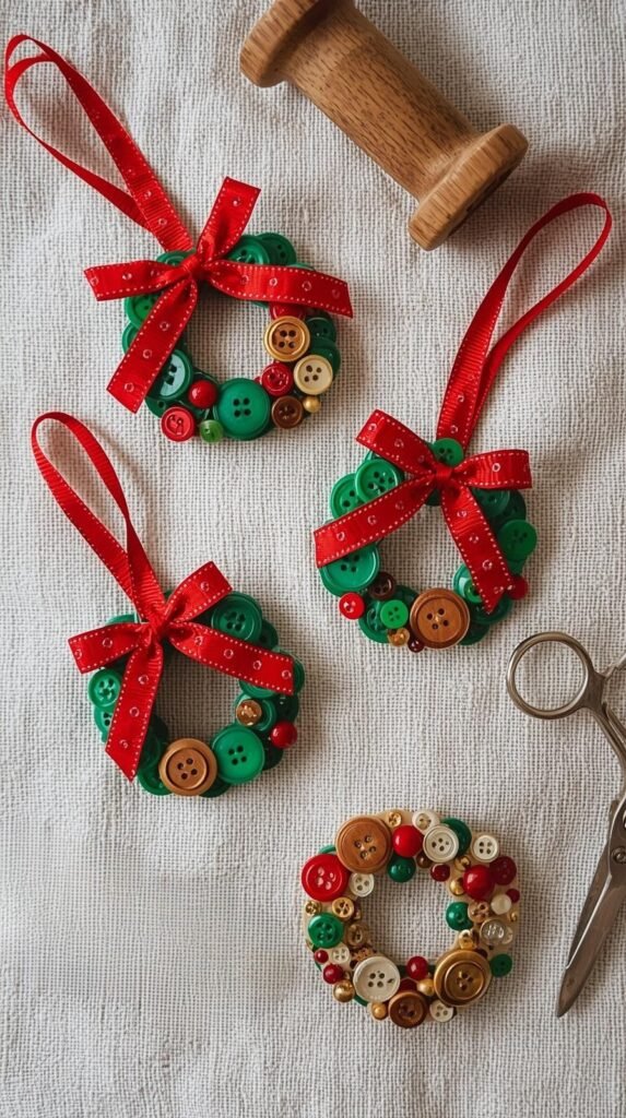 Close-up of small button wreath ornaments made with green, red, and gold buttons tied with red ribbons. Arranged on white linen with thread spools and scissors nearby