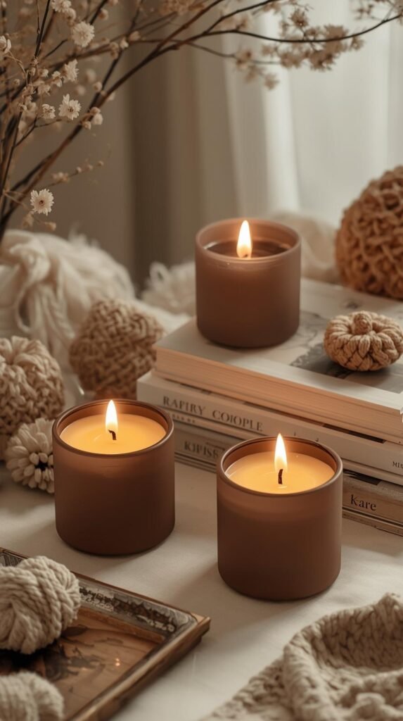 An aesthetic candle trio in matte glass jars with lit wicks, styled with soft lighting, coffee table books, and cozy neutral decor.